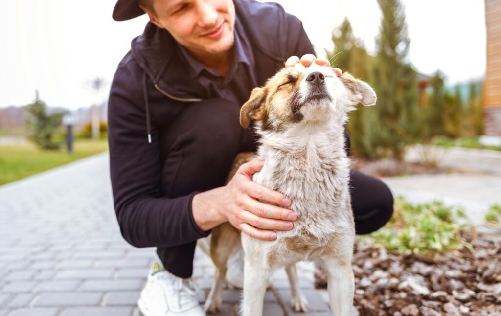 Cropped image of handsome young man with his dog outdoors.